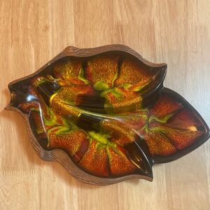 Vibrant Leaf Ceramic Art Dish - Black, Orange, and Yellow